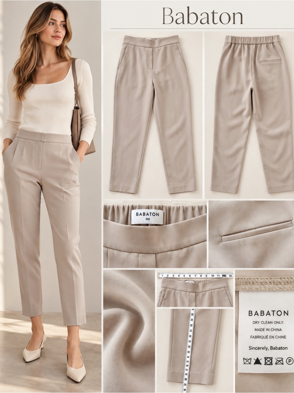 Aritzia Babaton Conan Pant 00 Beige Taupe Cropped Slim Trouser Elastic Waist